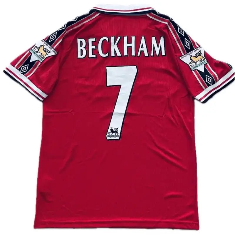 Vintage David Beckham #7 Manchester United 98/99 Red Short Sleeve Retro Jersey With Premier League Patches SuperJerseysTK