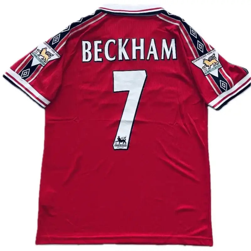 Vintage David Beckham #7 Manchester United 98/99 Red Short Sleeve Retro Jersey With Premier League Patches SuperJerseysTK