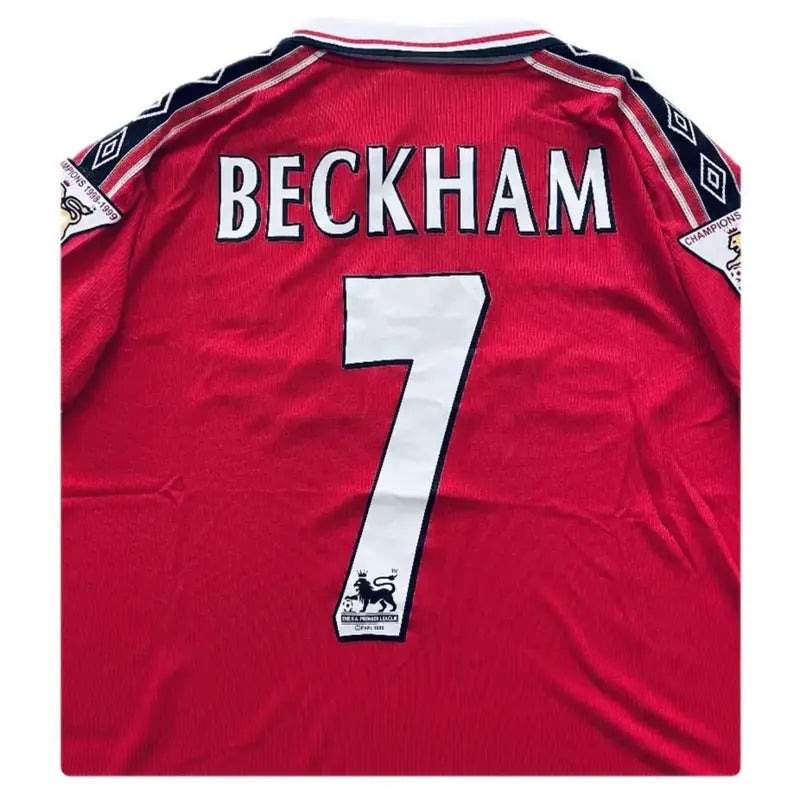 Vintage David Beckham #7 Manchester United 98/99 Red Short Sleeve Retro Jersey With Premier League Patches SuperJerseysTK